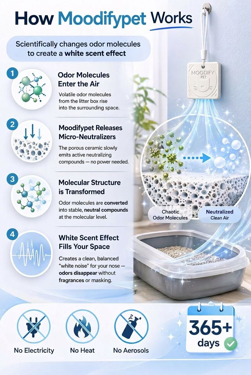 How-it-works graphic for the MoodifyPet 12-pack, whose catalyst technology neutralizes odor molecules