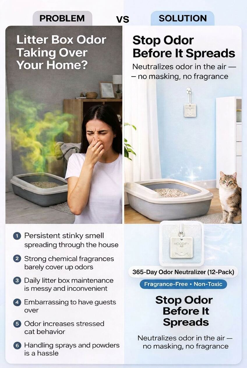 Problem and solution graphic for the MoodifyPet 12-pack cat litter box odor neutralizer