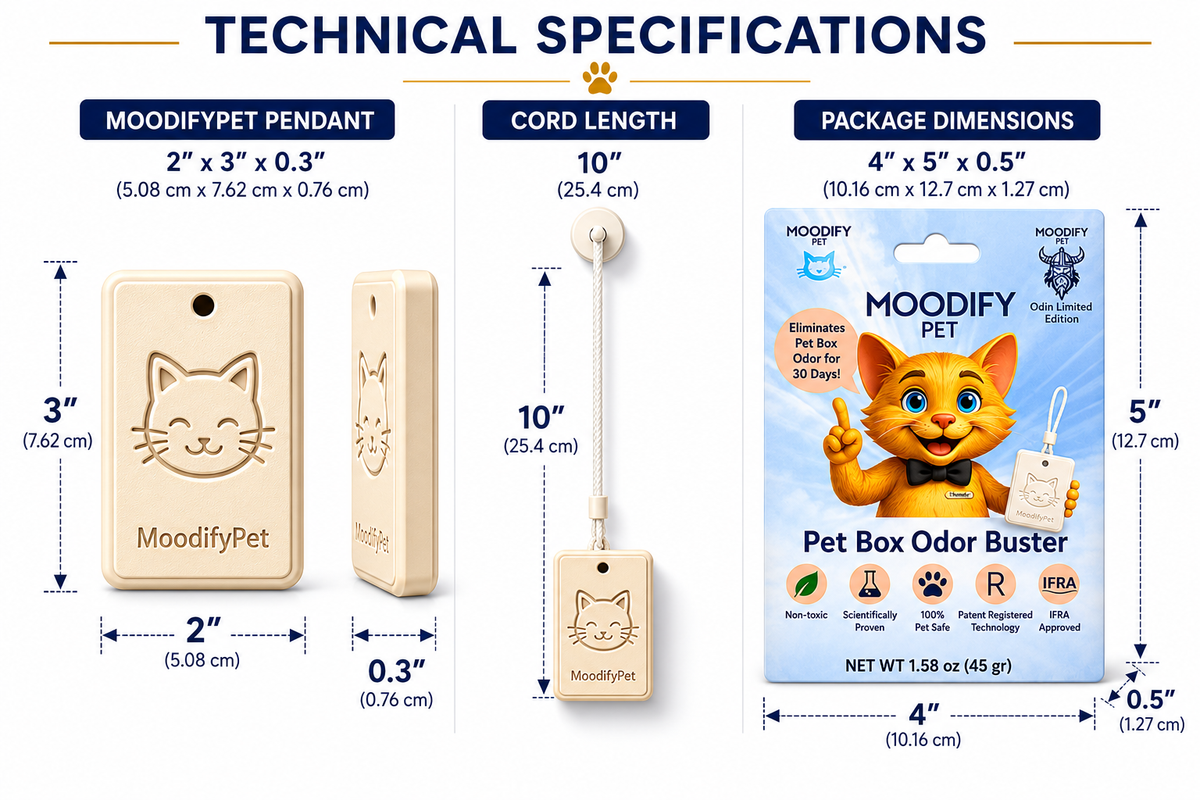MoodifyPet technical specs graphic for the cat litter box odor neutralizer pendant