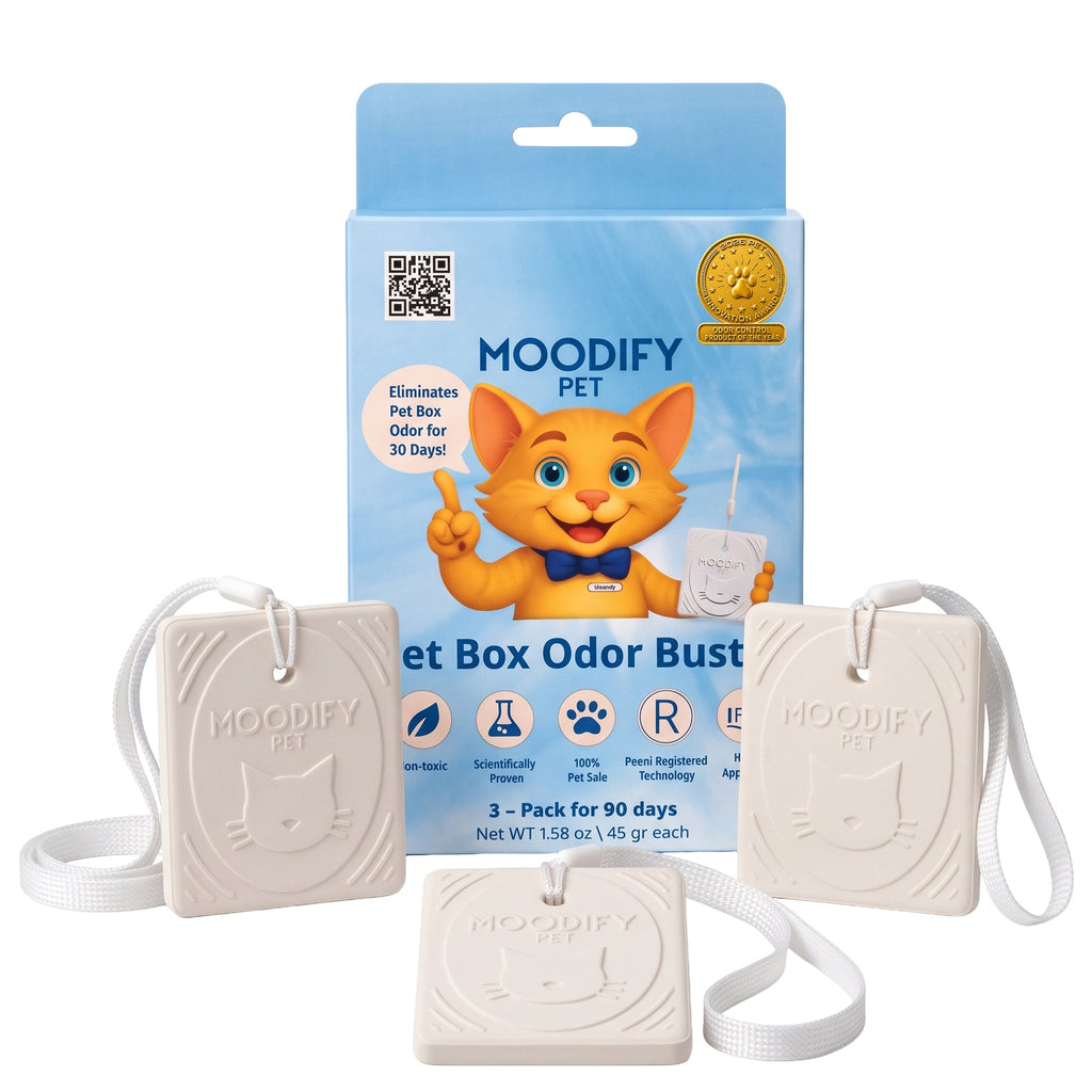 3-pack of MoodifyPet Cat Litter Box Odor Neutralizers, covering up to 3 litter boxes for 30 days