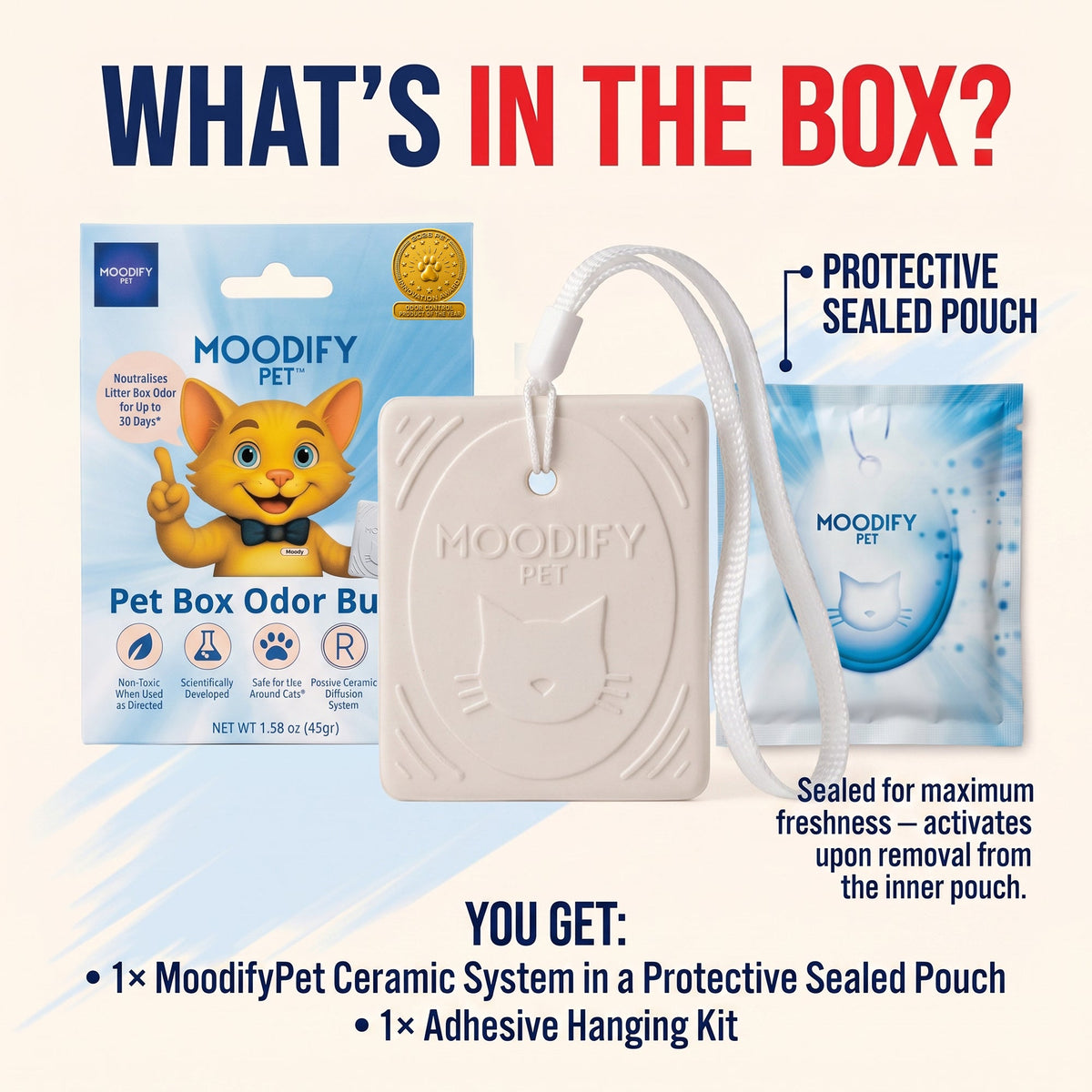 MoodifyPet litter box odor neutralizer for 2 to 3 cat homes, one unit per litter box area