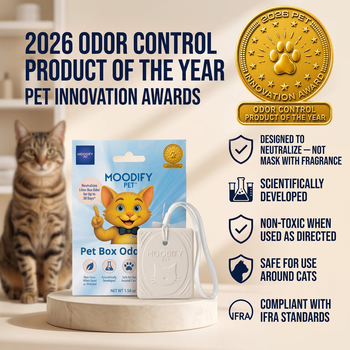 MoodifyPet litter box odor control that neutralizes odors instead of masking them, for multi-cat homes