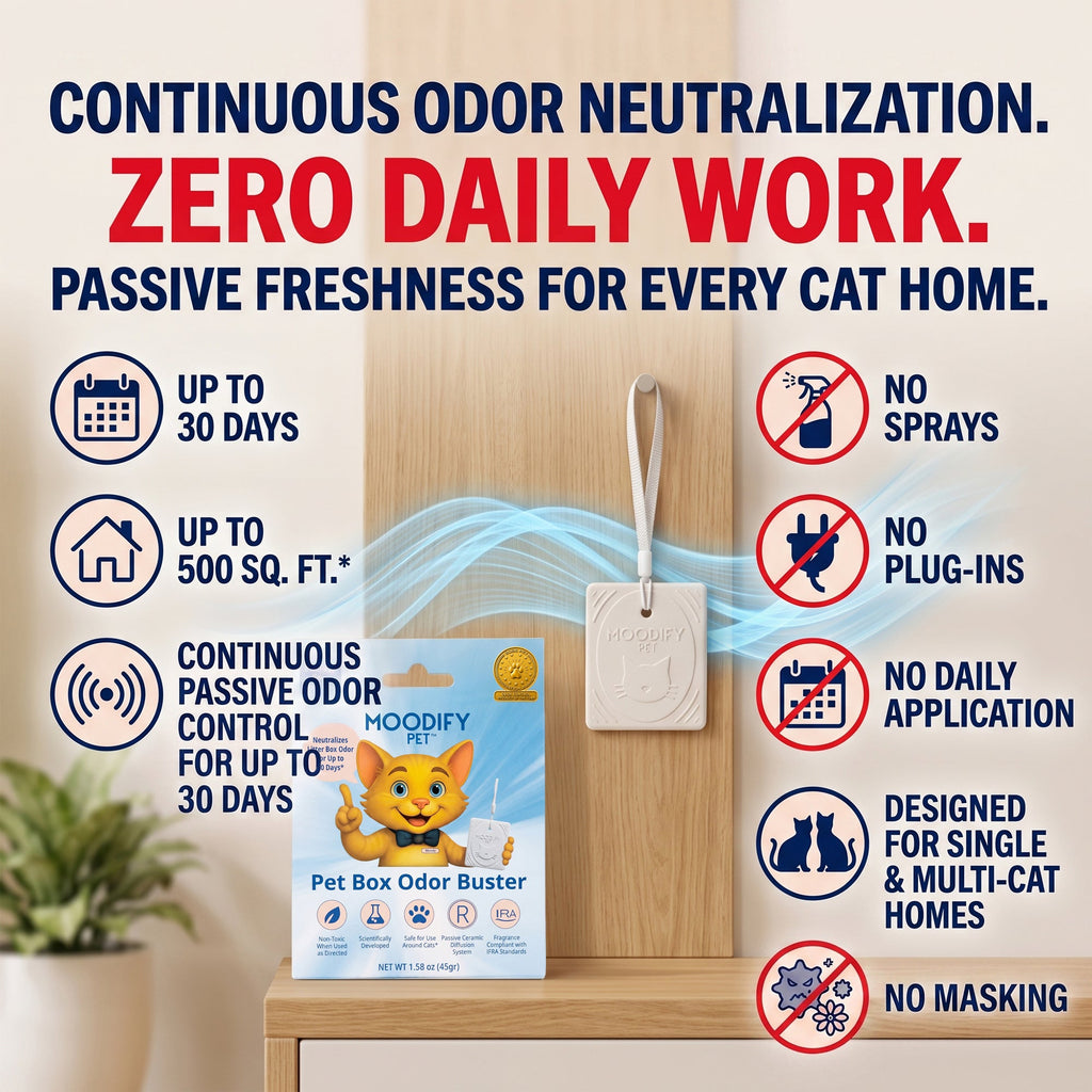 MoodifyPet cat litter box odor neutralizer that works without plug-ins or batteries