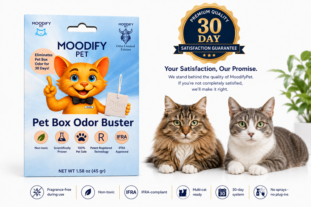 MoodifyPet 30-day guarantee graphic for the 6-pack cat litter box odor neutralizer
