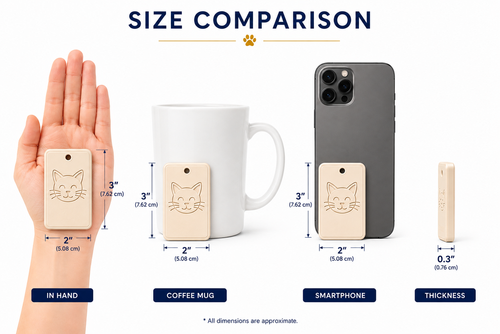 Size comparison image for the MoodifyPet ceramic odor neutralizer pendant, about 2 x 3 in