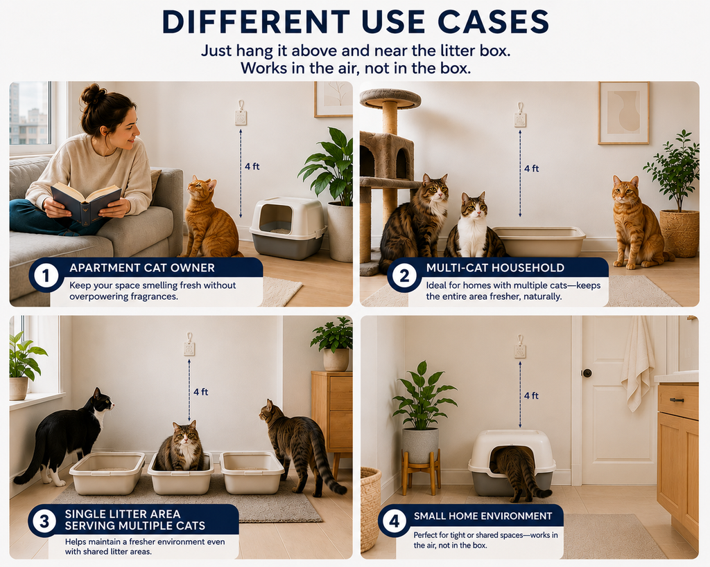 MoodifyPet user cases graphic for the 6-pack of litter box odor neutralizers