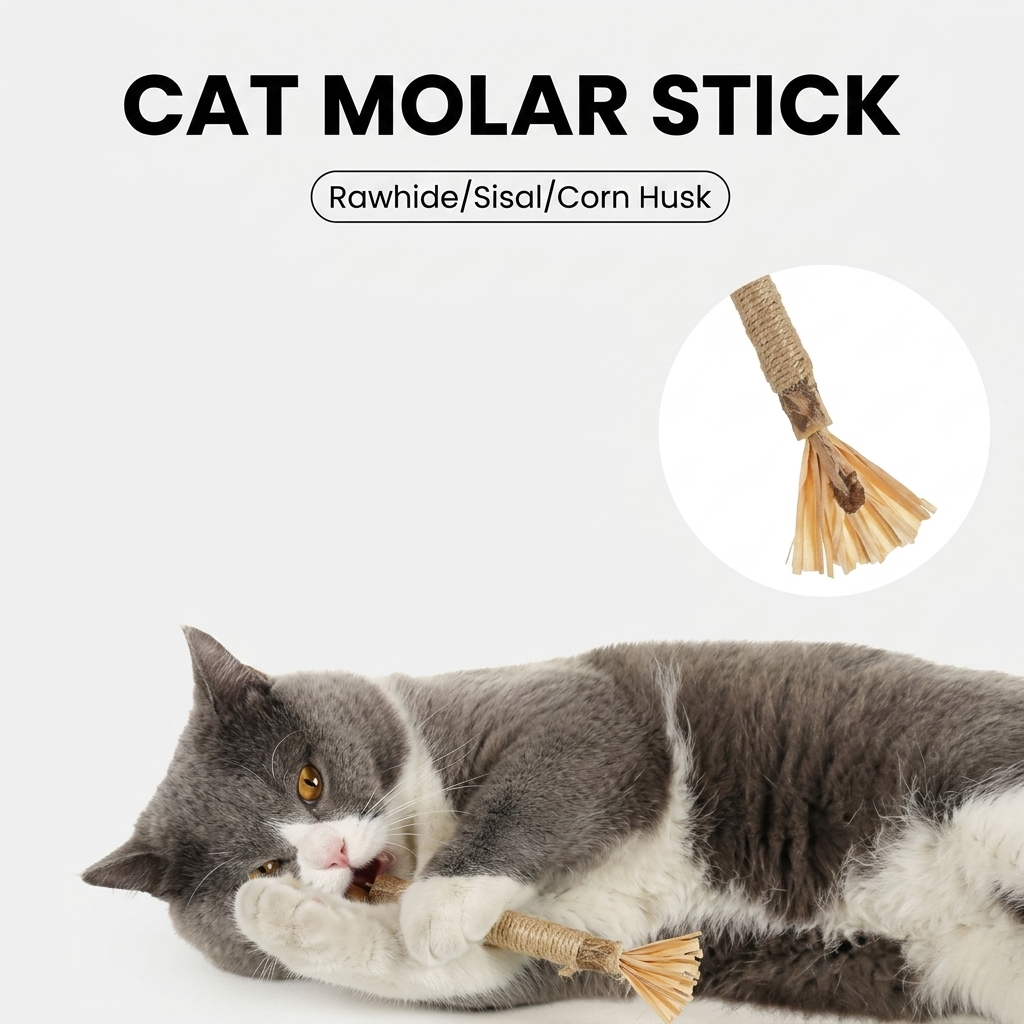 Natural cat chew stick made of silver vine wood, gall fruit, hemp rope and raffia