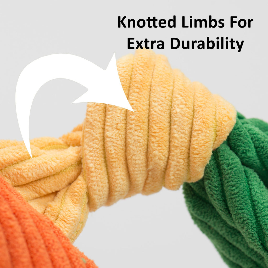 Knotted limbs for extra durability on the NCAA Clemson University Tiger plush dog toy