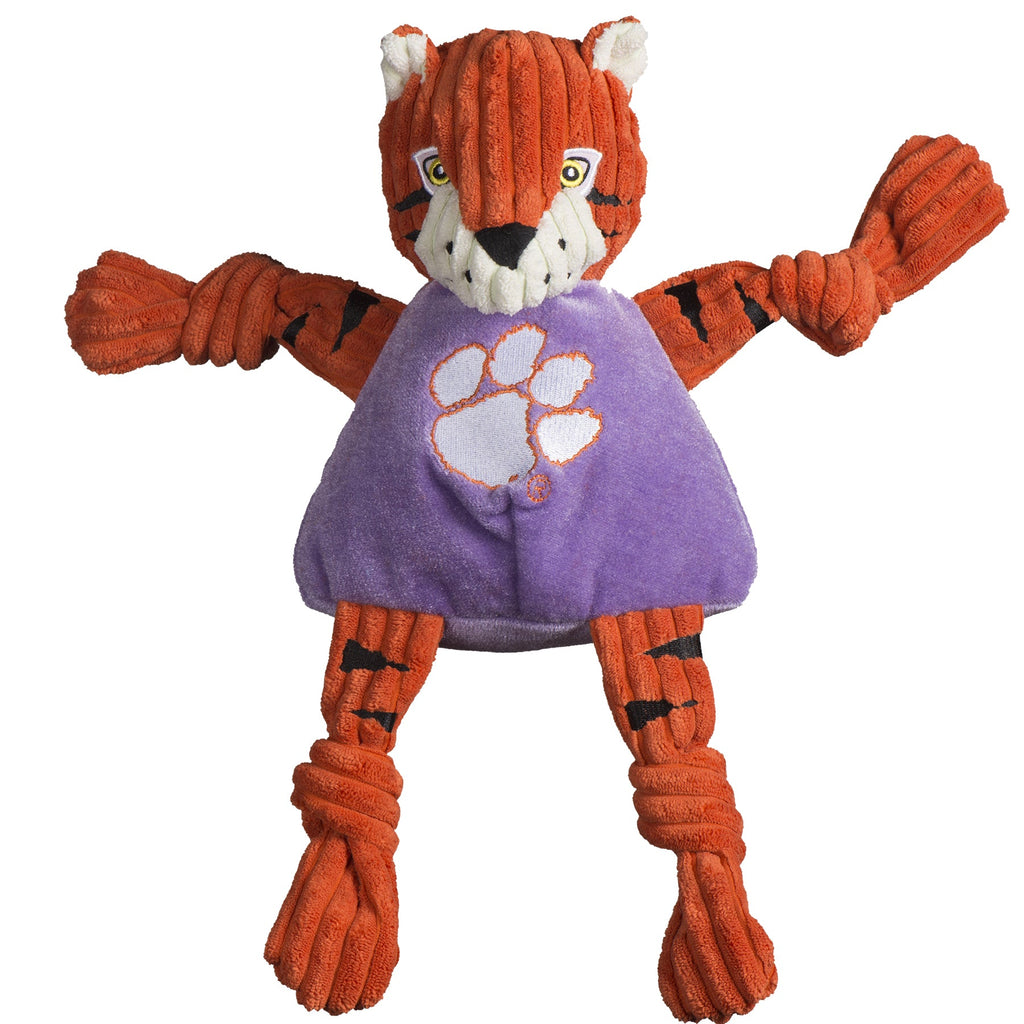Large Clemson University Tiger Knottie, orange with black stripes and a purple logo shirt