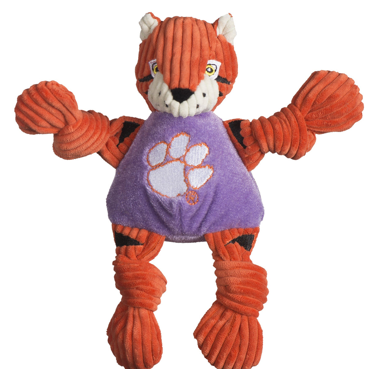 Small NCAA Clemson University Tiger Knottie dog toy, about 9 x 5 x 3 inches with 5 squeakers