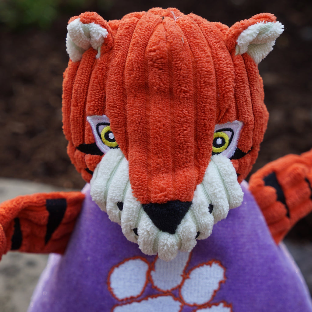 Orange and black striped Clemson Tiger Knottie by HuggleHounds with knotted corduroy limbs