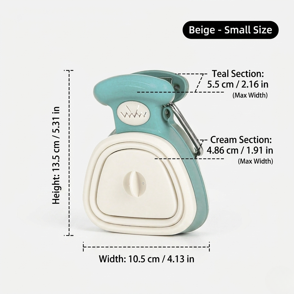 Beige small foldable poop scooper with a silicone basin, 10.5 x 13.5 cm