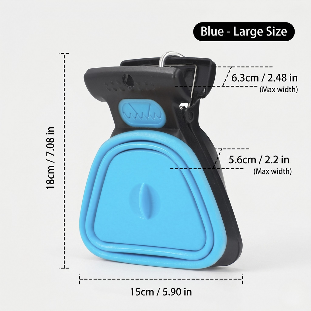 Blue large foldable poop scooper with a spring-loaded jaw and carabiner clip