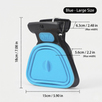 Blue large foldable poop scooper with a spring-loaded jaw and carabiner clip