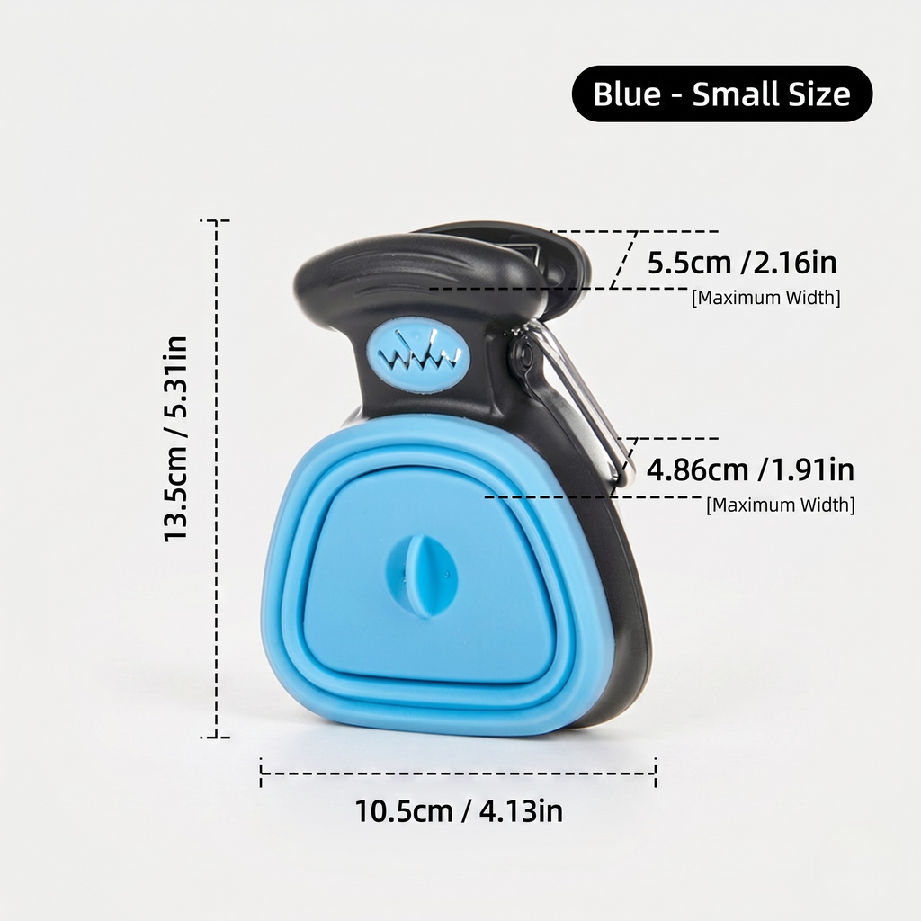 Blue small one-hand poop scooper with a wipe-clean food-grade silicone basin