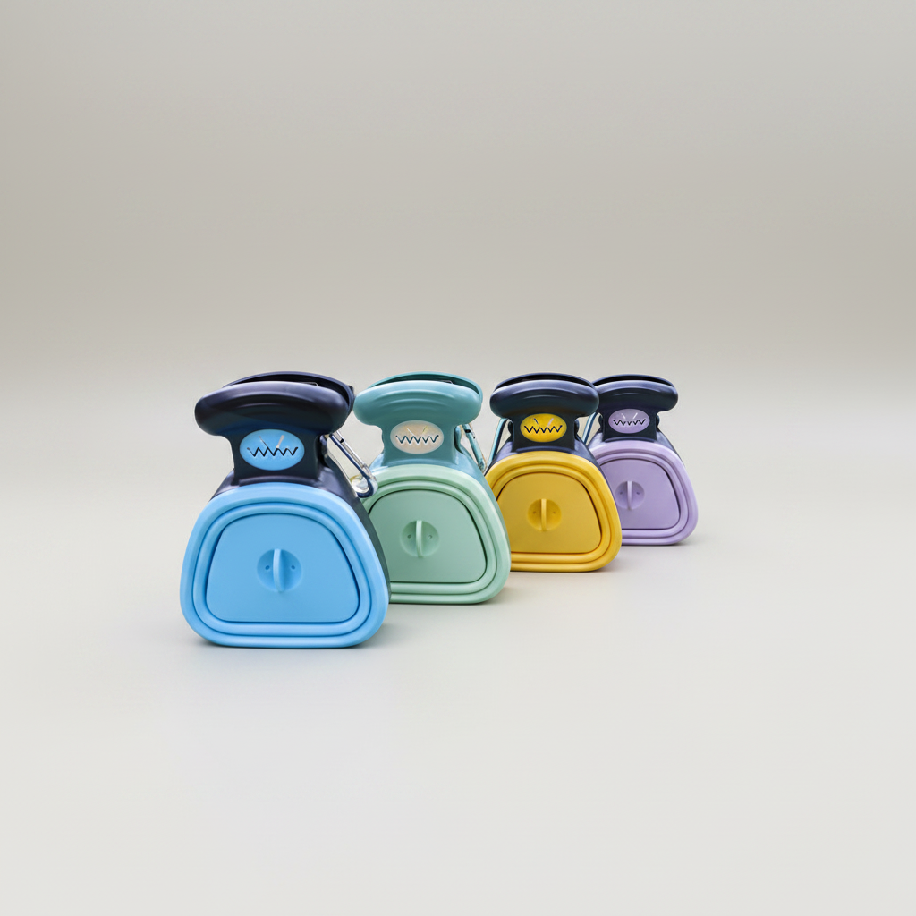 Collapsible poop scooper with a carabiner clip for leashes, backpacks or strollers