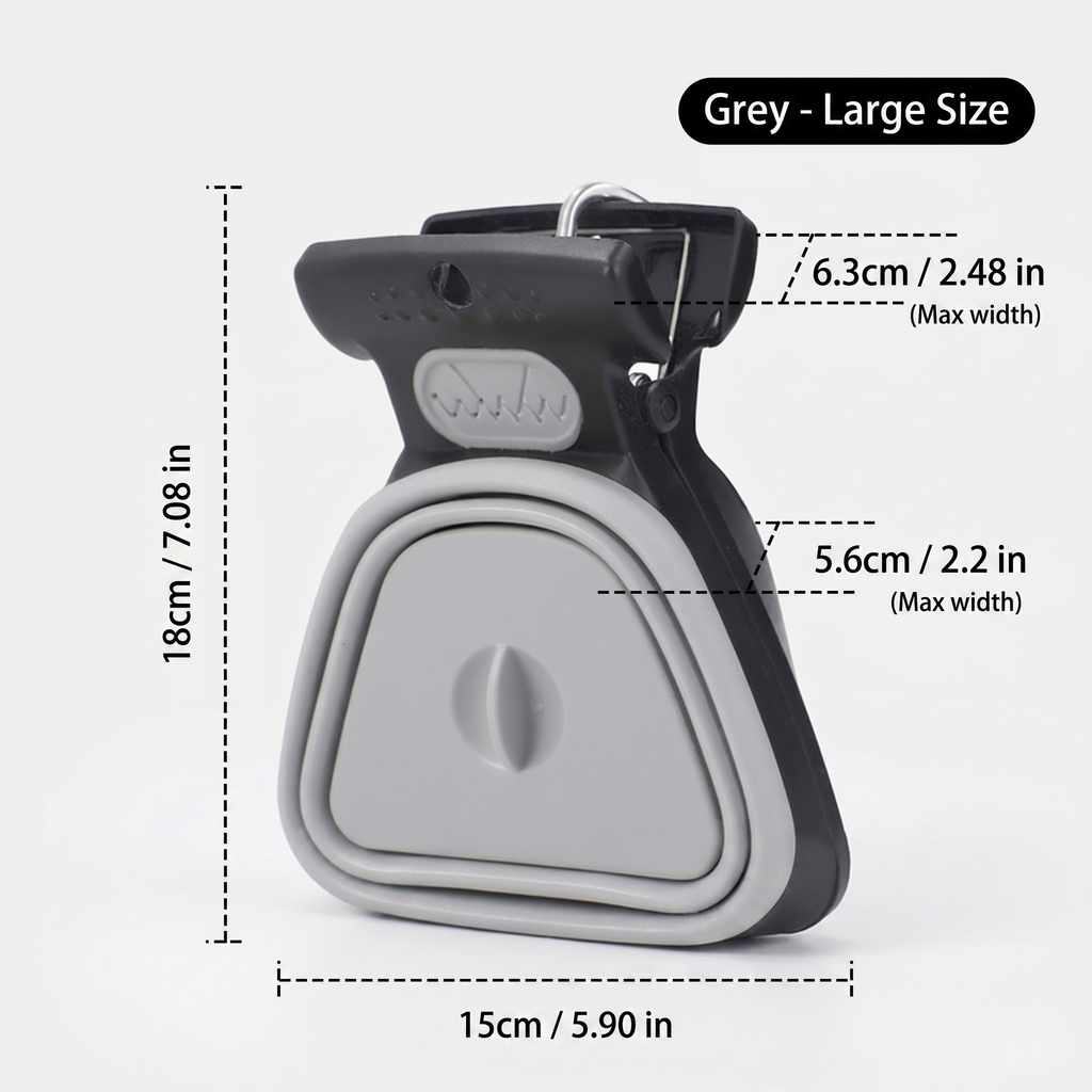 Grey large one-hand poop scooper with a squeeze-trigger handle and bag clip