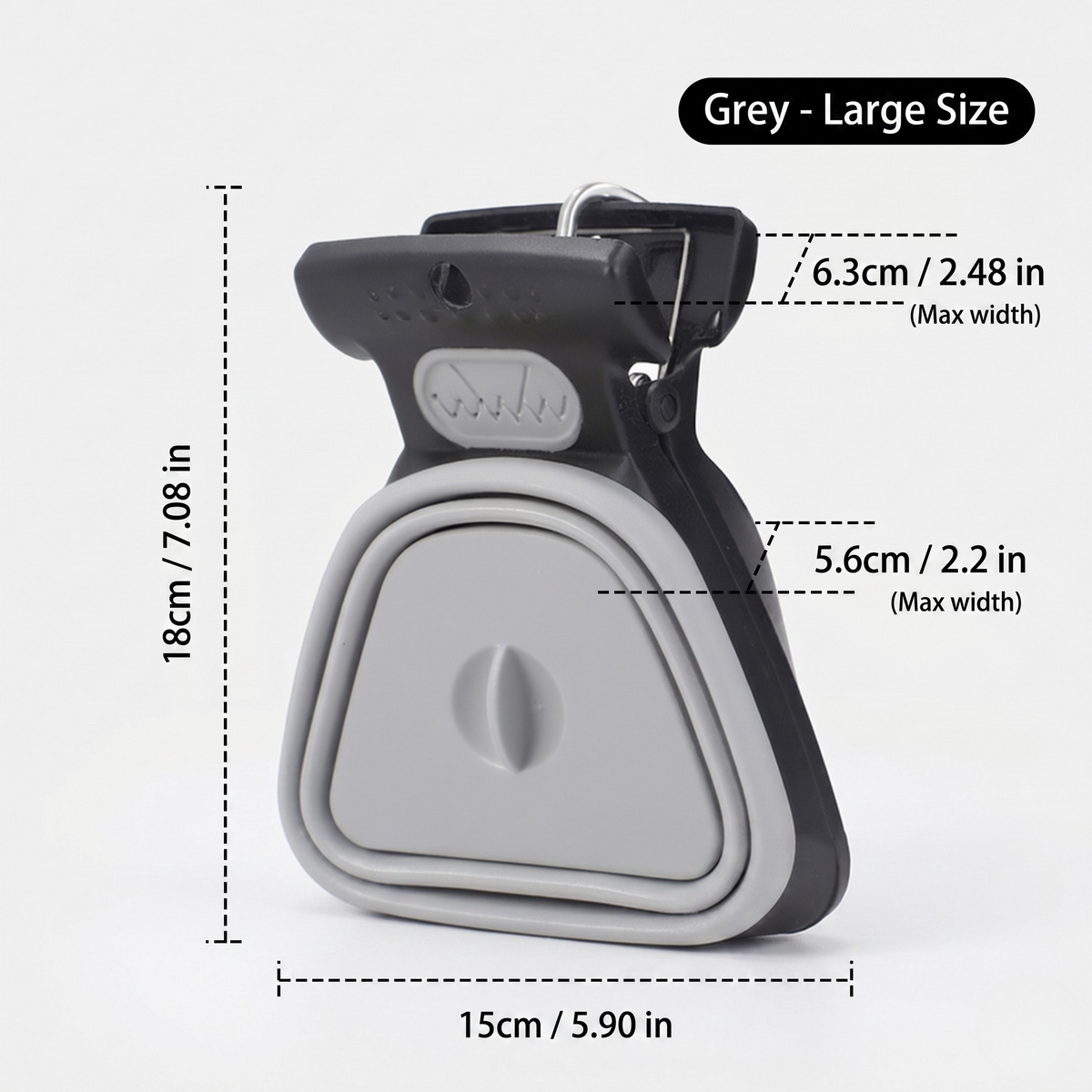 Grey large one-hand poop scooper with a squeeze-trigger handle and bag clip