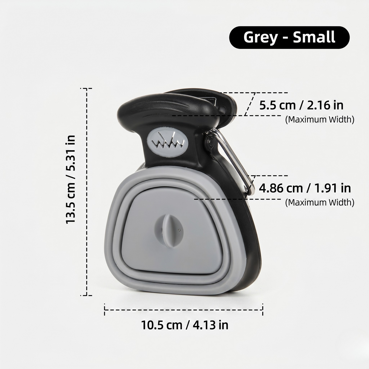 Grey small one-hand foldable poop scooper that folds flat to pocket size