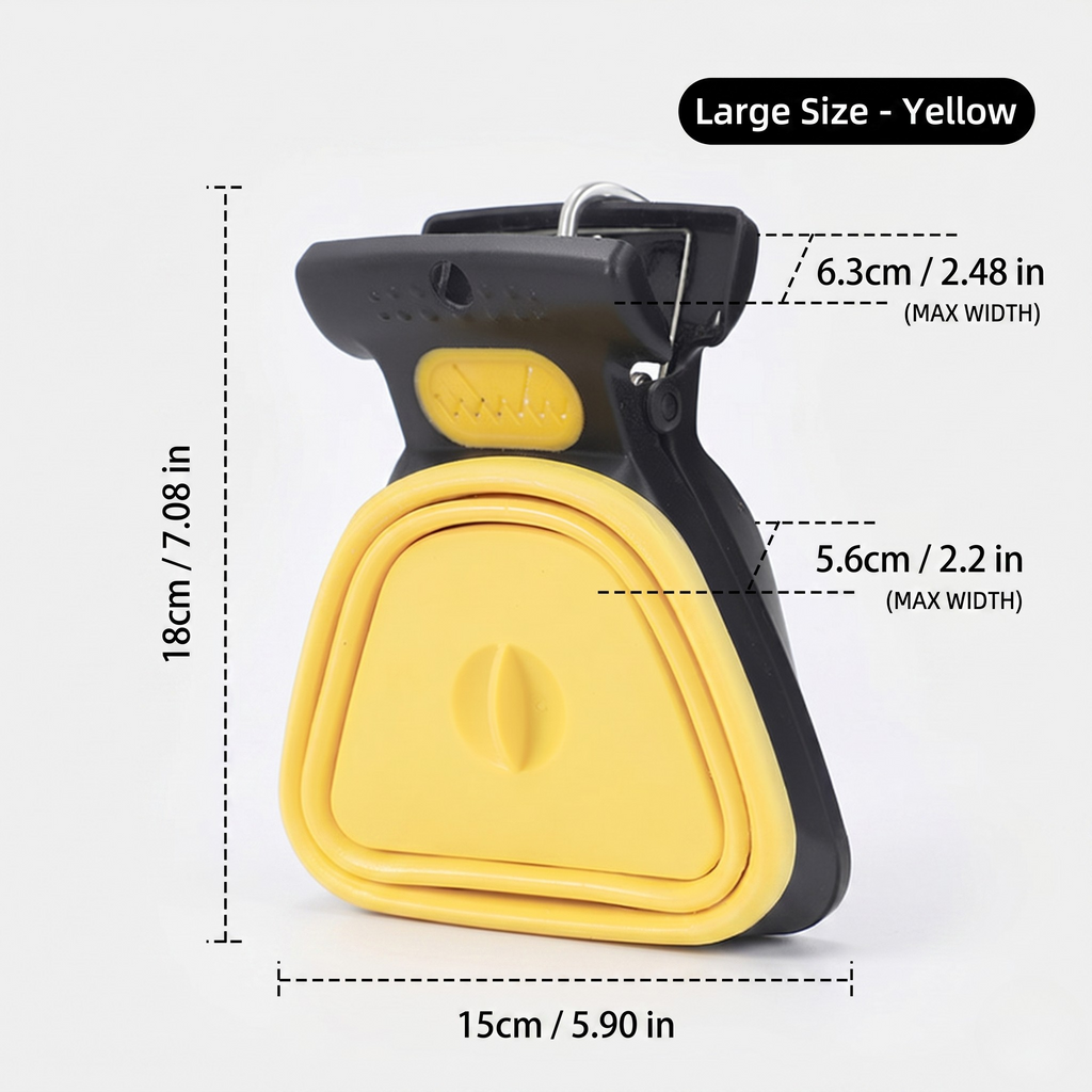 Yellow large one-hand foldable silicone poop scooper with an integrated bag clip