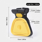 Yellow large one-hand foldable silicone poop scooper with an integrated bag clip