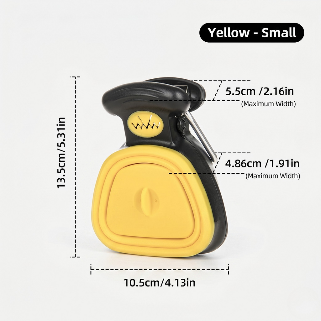 Yellow small poop scooper with a 5.5 cm opening and a collapsible silicone basin