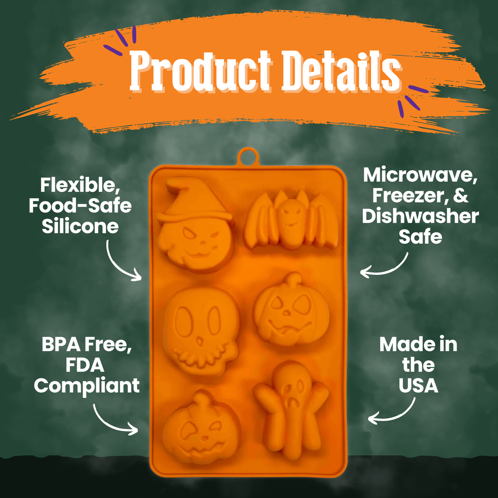 Product details for the Orange Halloween silicone mold, top-rack dishwasher safe and freezer safe