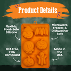 Product details for the Orange Halloween silicone mold, top-rack dishwasher safe and freezer safe