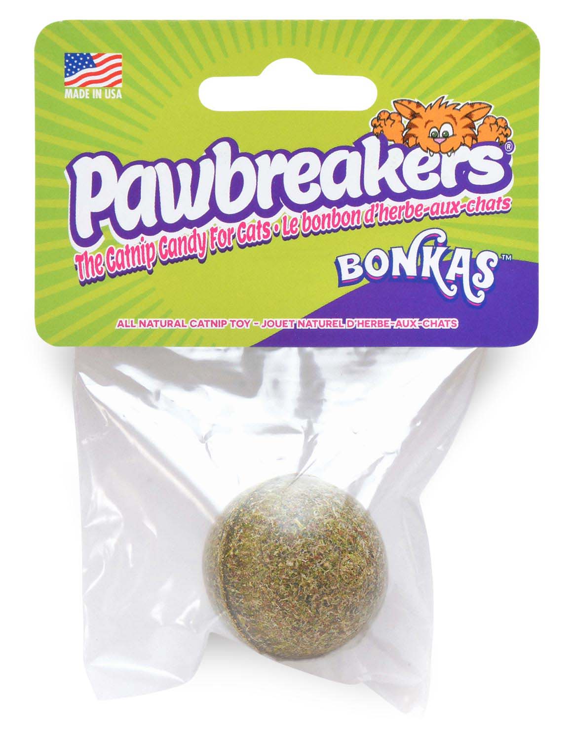 Pawbreakers Bonkas edible catnip ball made with human-grade catnip and no artificial colors