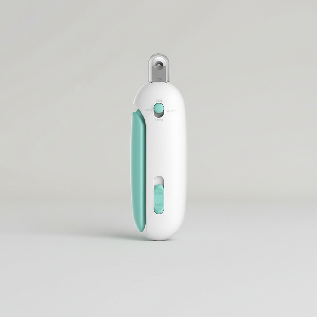 Blue PawTrim pet nail clipper with a 4-setting adjustable aperture from 1 to 3.5 mm