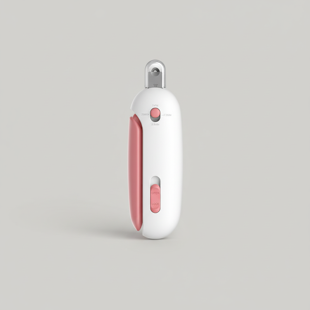Pink PawTrim nail clipper for cats and small dogs with a built-in pull-out nail file
