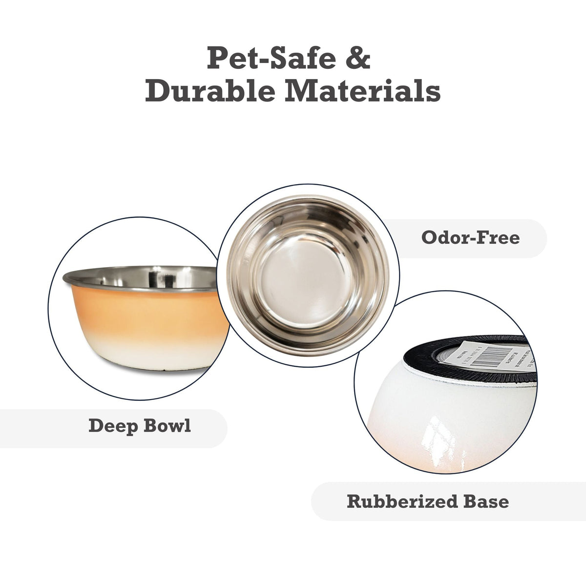 Stainless steel dog bowl with deep sides and a soft peach coral finish for the feeding area