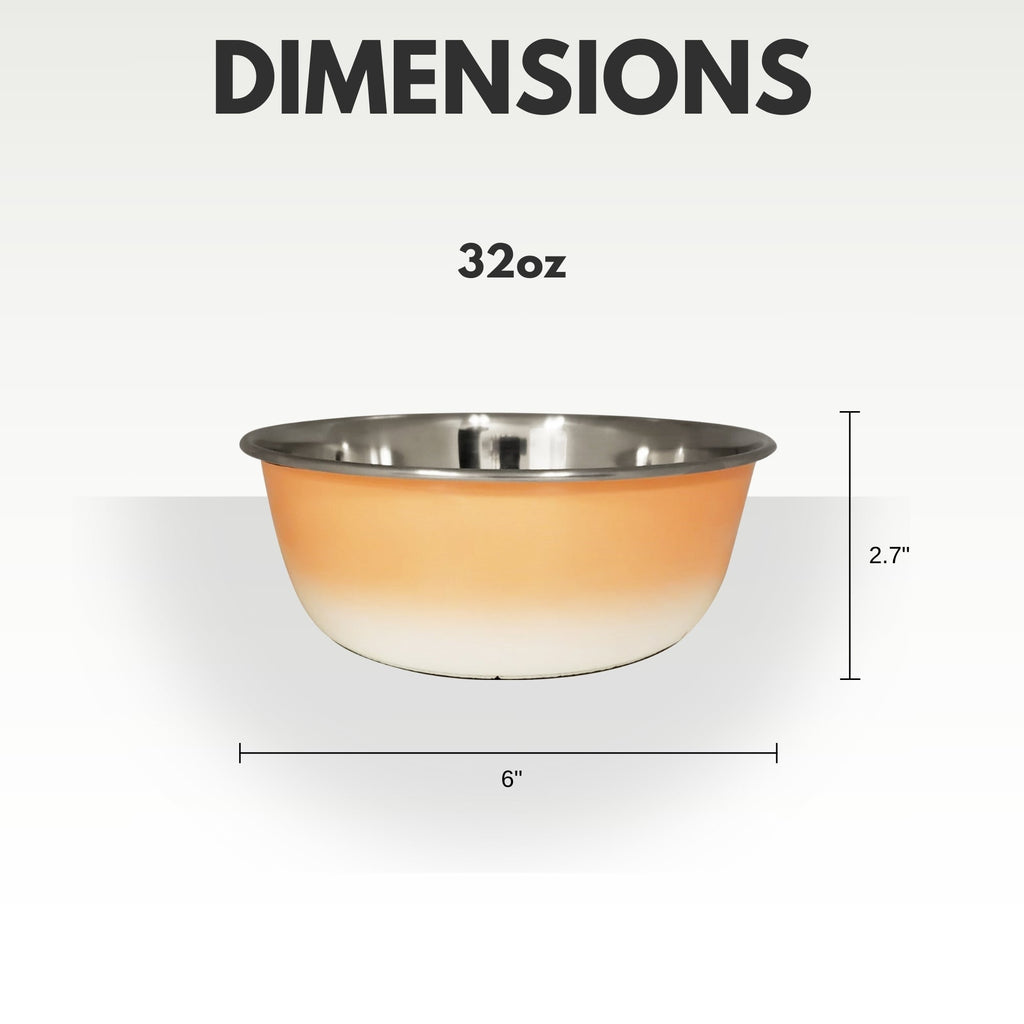 Deep stainless steel dog bowl in Peach Coral with a lip that gives a grip point for moving it