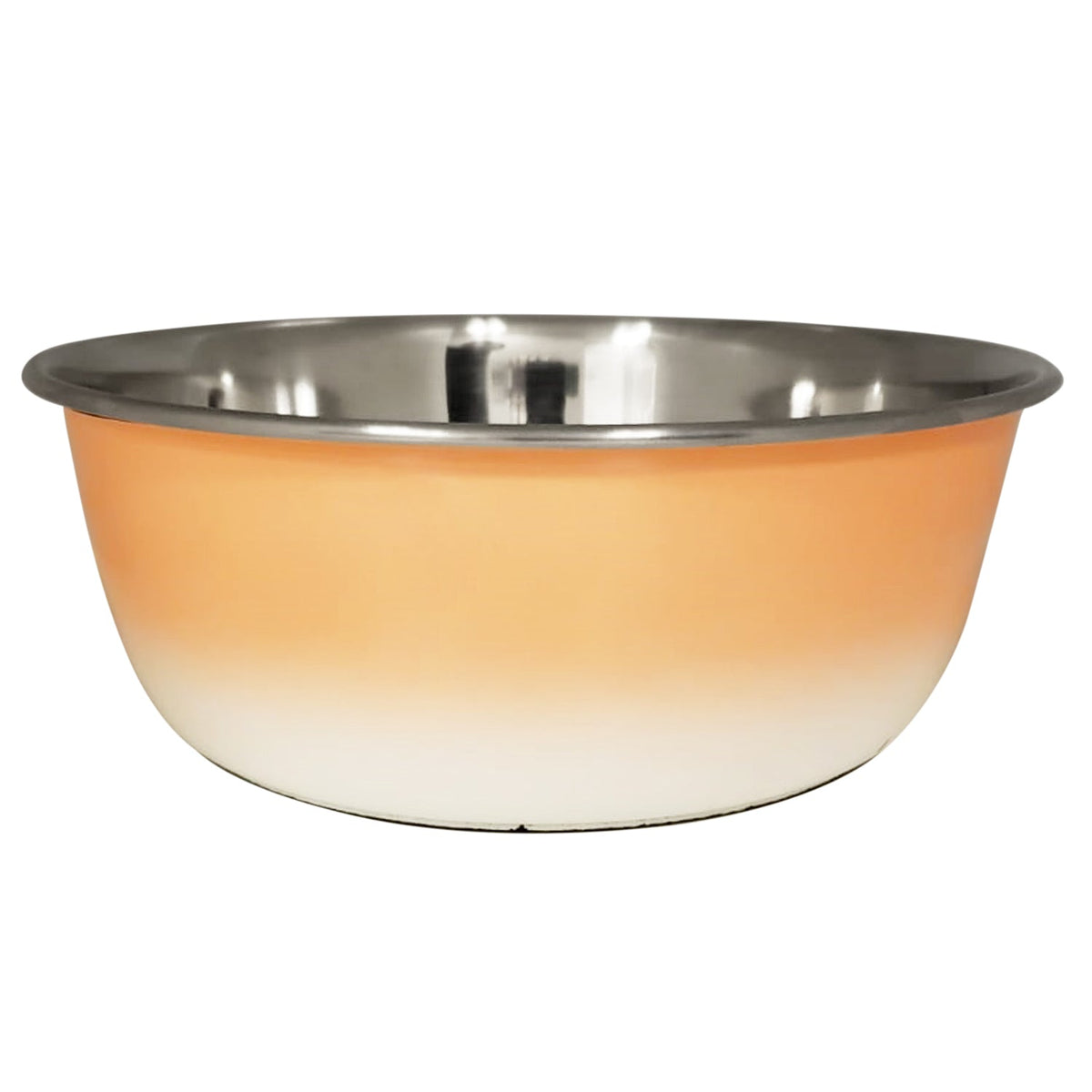 Peach Coral deep stainless steel dog bowl with a rubberized base and a handling lip