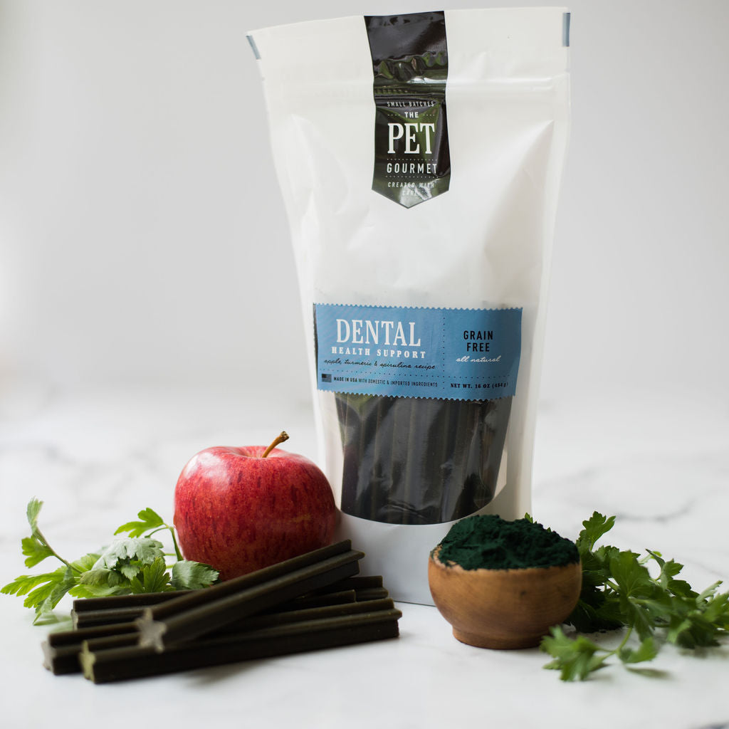 The Pet Gourmet Large Dental Support Chews shown with the functional ingredients in the recipe