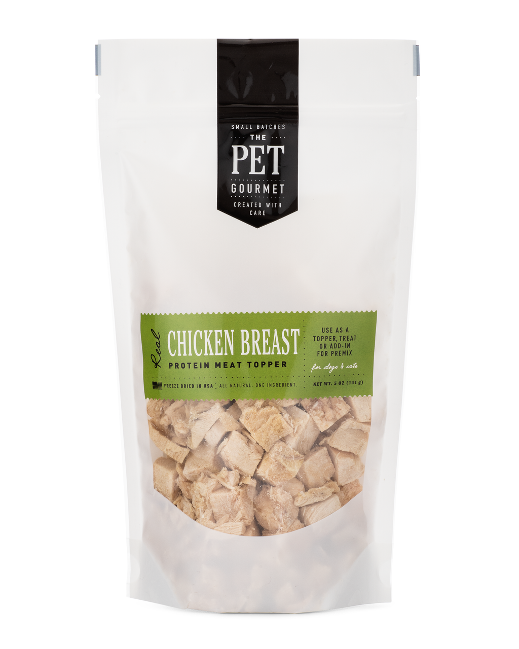 The Pet Gourmet freeze-dried chicken breast dog treats and topper, made from 100% chicken breast