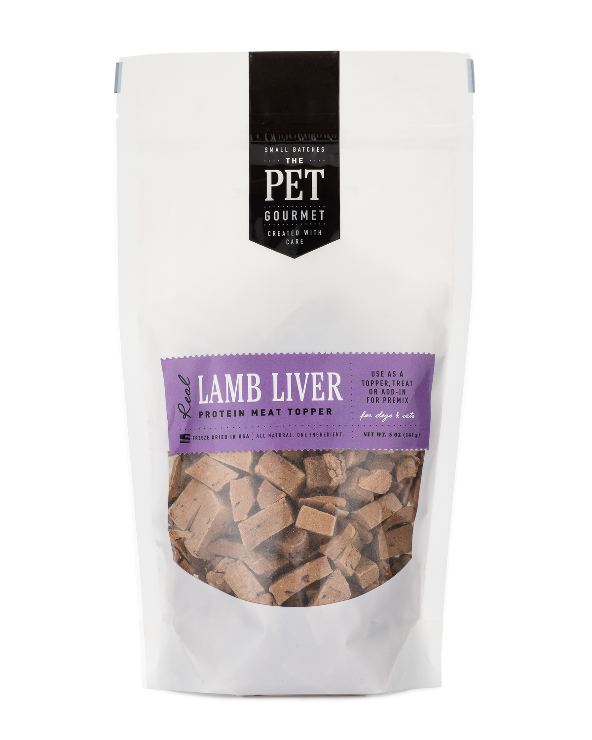 The Pet Gourmet freeze-dried lamb liver dog treats and topper, made from 100% lamb liver