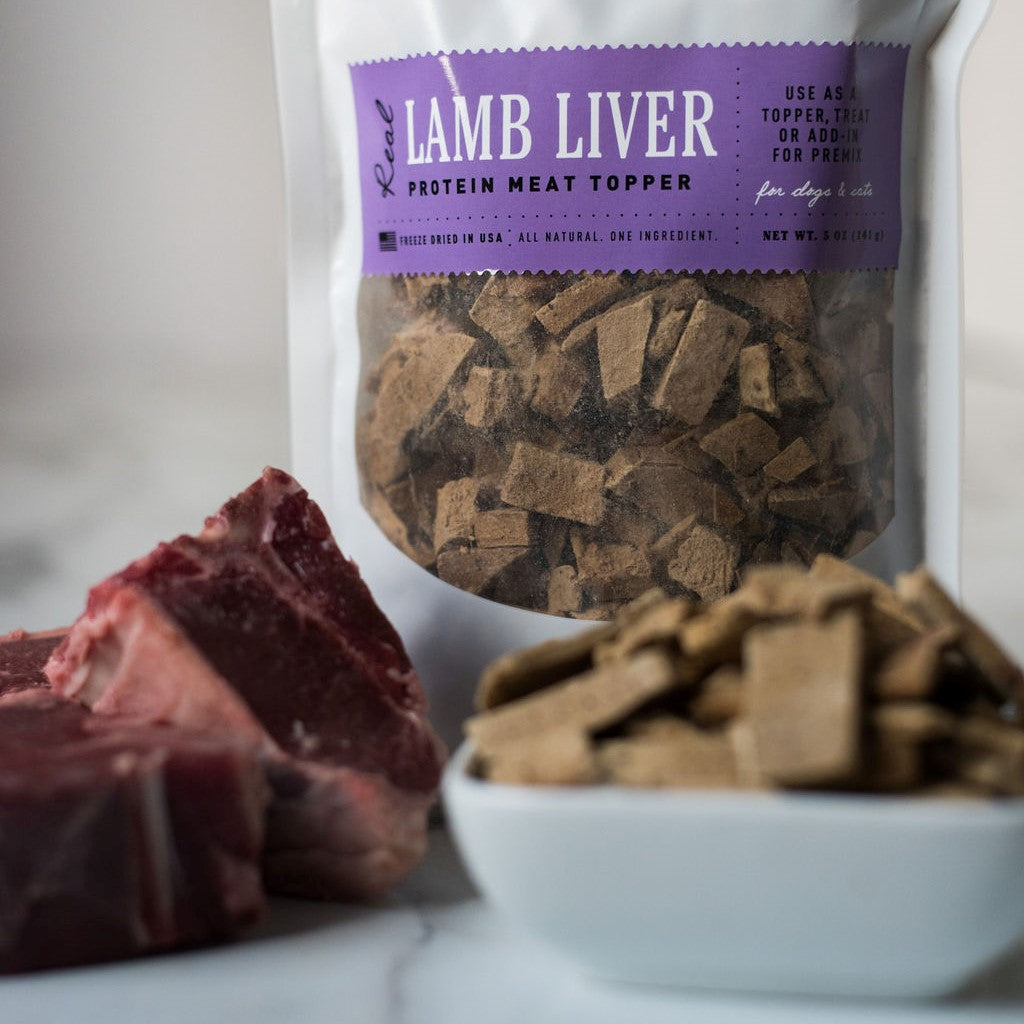 Single-ingredient freeze-dried lamb liver from The Pet Gourmet for dogs and cats