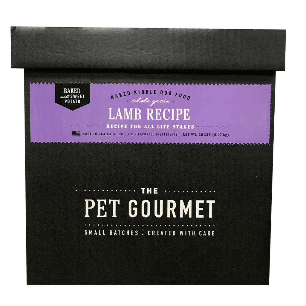 20 lb box of The Pet Gourmet Lamb Oven Baked Kibble, made with lamb meal and sweet potatoes
