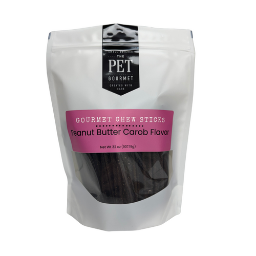 The Pet Gourmet Peanut Butter Carob Gourmet Chew Sticks, a 2 lb bag of about 20 edible dog chews