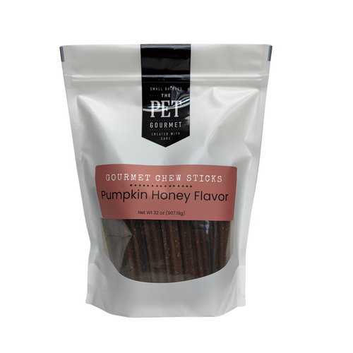 The Pet Gourmet Pumpkin & Honey Gourmet Chew Sticks in a 2 lb bag, made with real pumpkin and honey