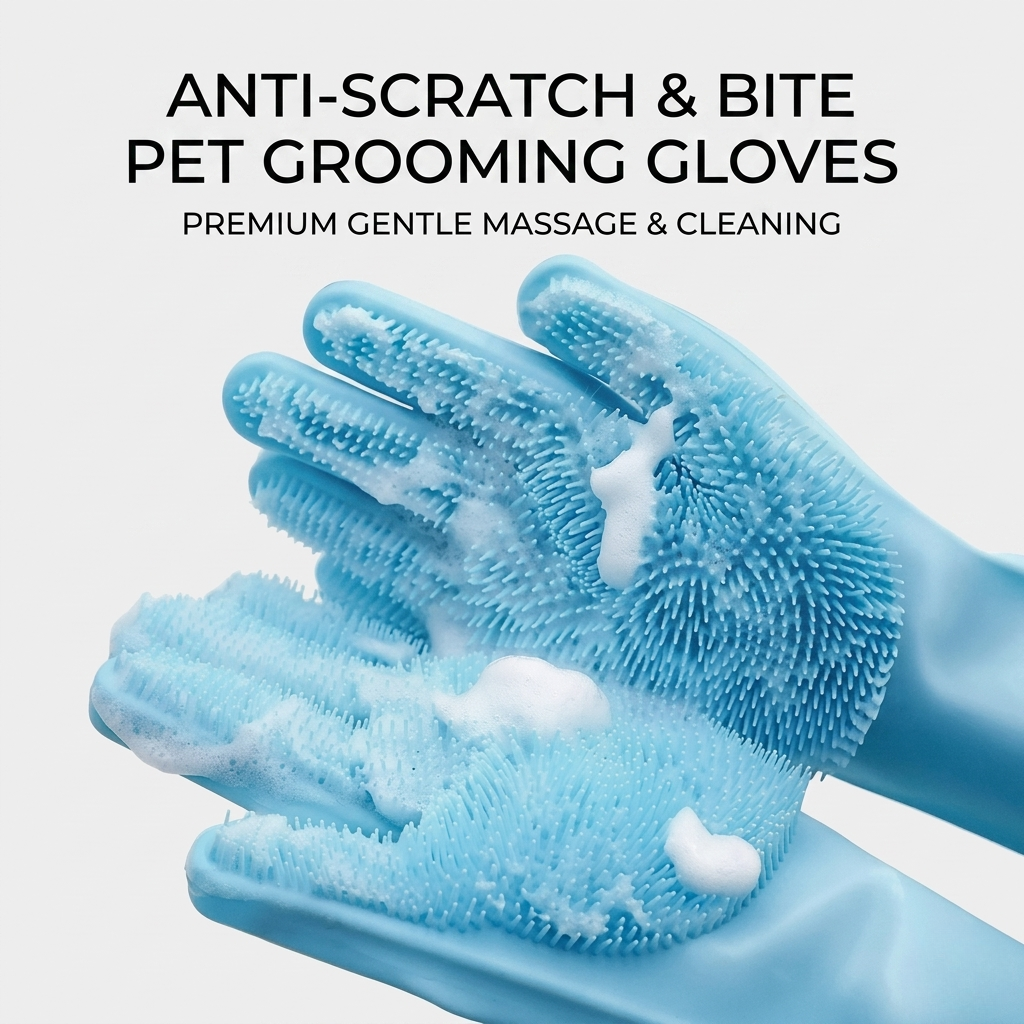 Pet grooming glove with silicone nubs on the palm and fingers for full-hand coverage