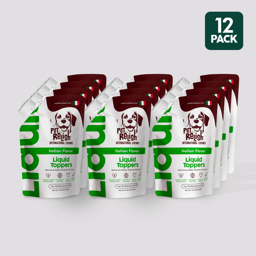 12 pack of Pet Relish Italian Flavor liquid dog food topper, manufactured in the USA
