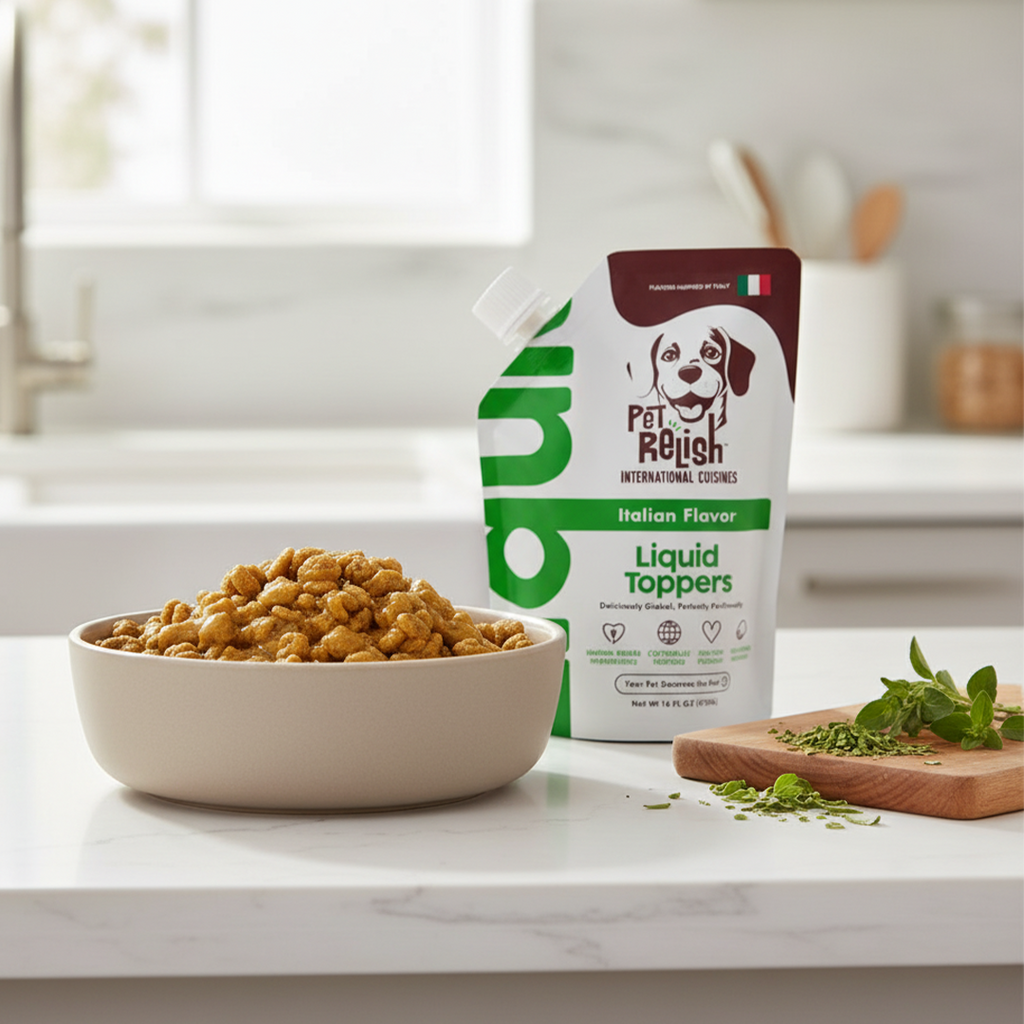 Herb-seasoned Pet Relish Italian Flavor topper: shake the pouch, pour over food and mix gently