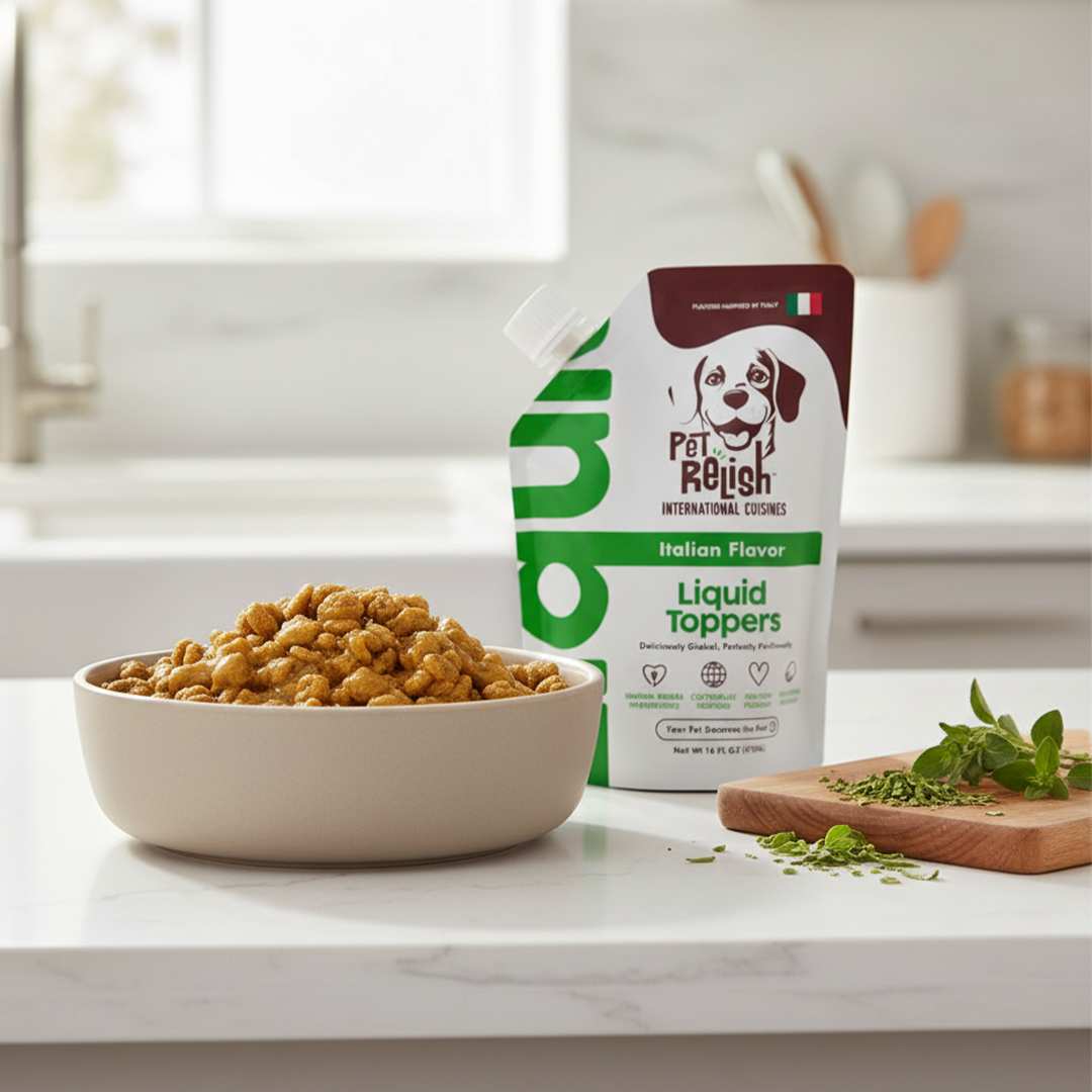 Herb-seasoned Pet Relish Italian Flavor topper: shake the pouch, pour over food and mix gently