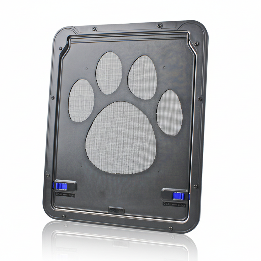 Small pet screen door in black with a swinging flexible flap for cats and small dogs