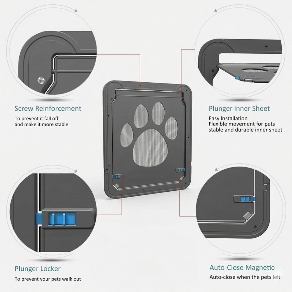 Black plastic pet screen door that lets cats come and go through a screened doorway