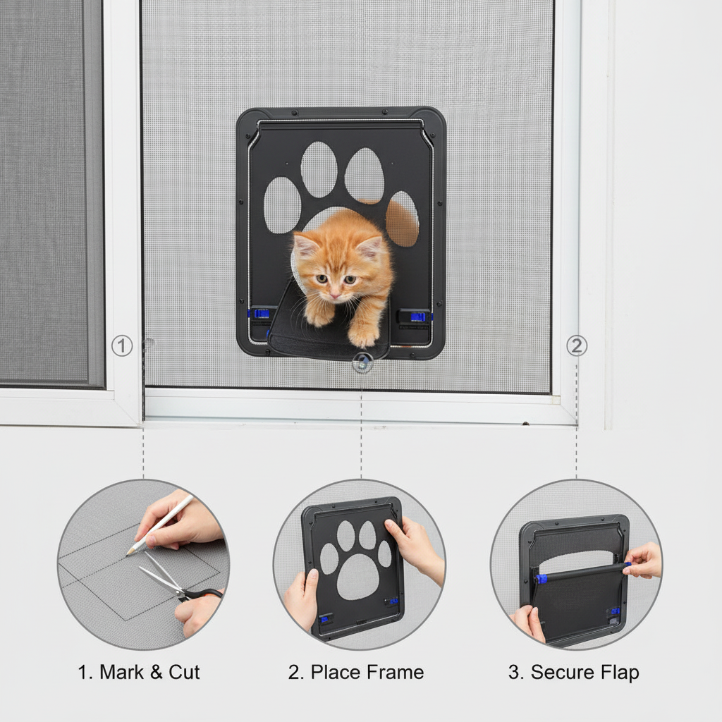 Pet screen door that gives cats controlled independence through a mesh screen