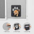 Pet screen door that gives cats controlled independence through a mesh screen