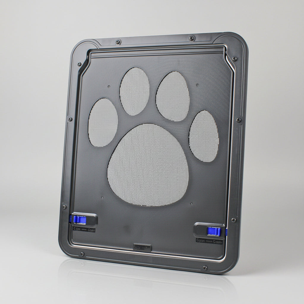 Pet screen door with a flexible flap and a 26 x 20.5 cm inner opening for small pets